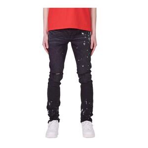 Purple Brand Skinny Fit Jeans Men Black Resin Knee Slit P001 Button